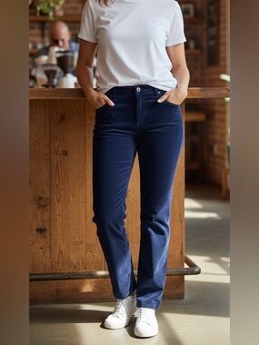 Talbots Petites Straight Corduroy Pants 12P Navy Blue Stretch Mid Rise Preppy